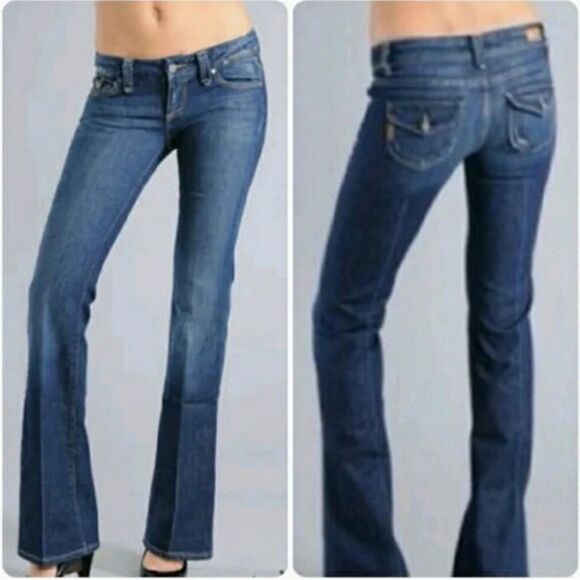 Paige Pico Dark Wash Button Flap Distressed Bootcut Jeans - Picture 1 of 7